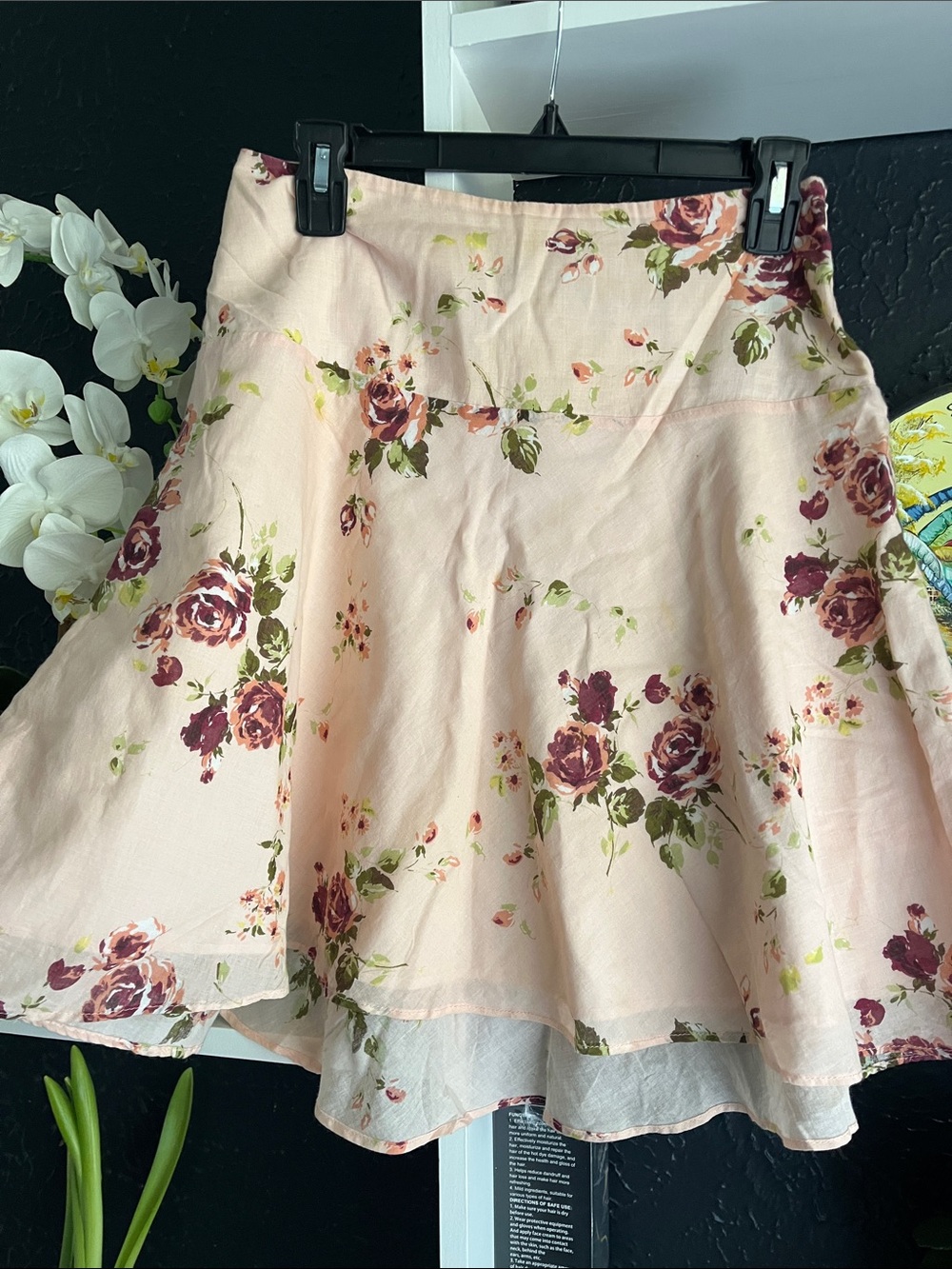 Blush Pink Floral Skater Skirt with Burgundy Roses